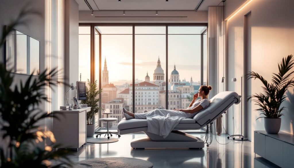 mujer acostada en sillon relajante con vista panoramica en consulta o centro de bienestar
