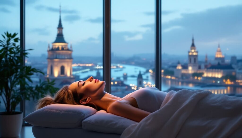 persona descansando en cama frente a ventanal con vista a ciudad en atardecer tranquilo
