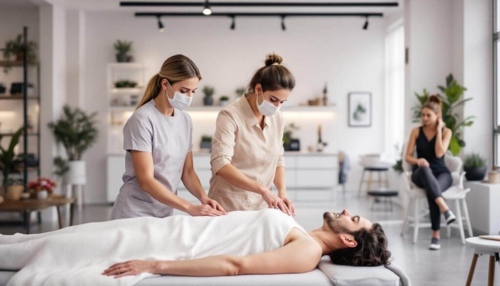 fisioterapeutas tocando cuerpo paciente