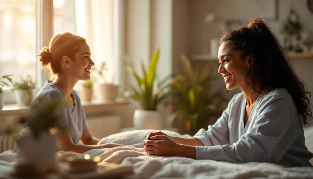 mujeres sonriendo al atardecer