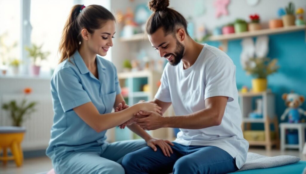 fisio mirando la muneca de una mujer