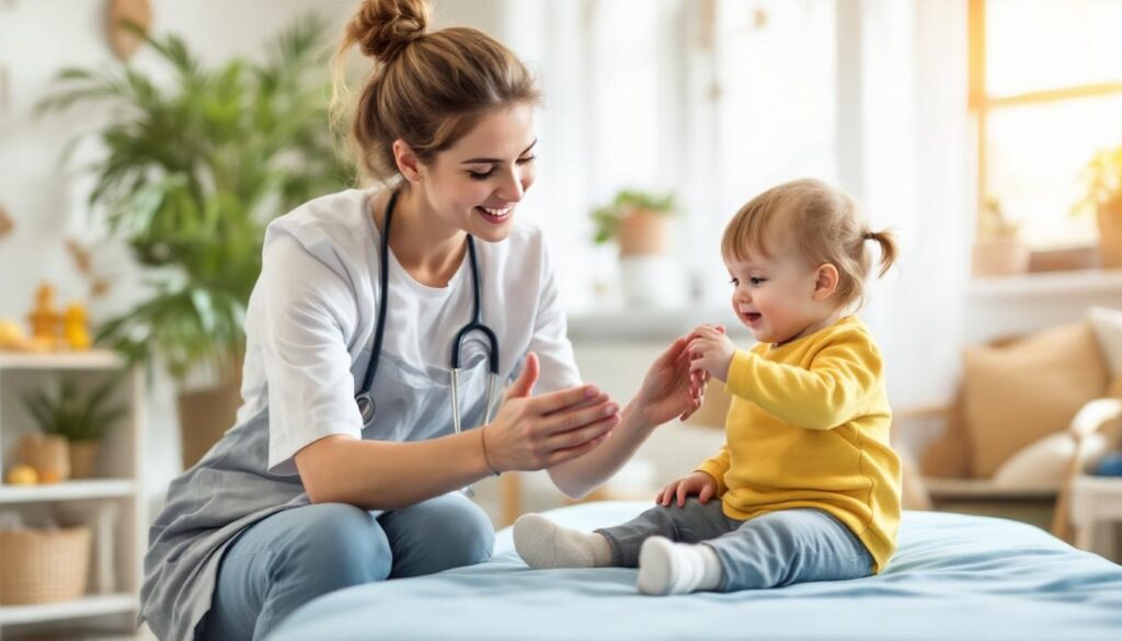 fisioterapeuta mirando la mano de una nina
