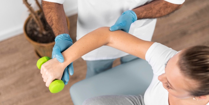 fisio sujetando el codo de la paciente